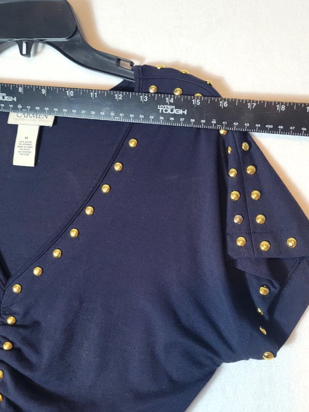 Carmen Marc Valvo Medium Navy Rayon Spandex Studded Top - Picture 2 of 14